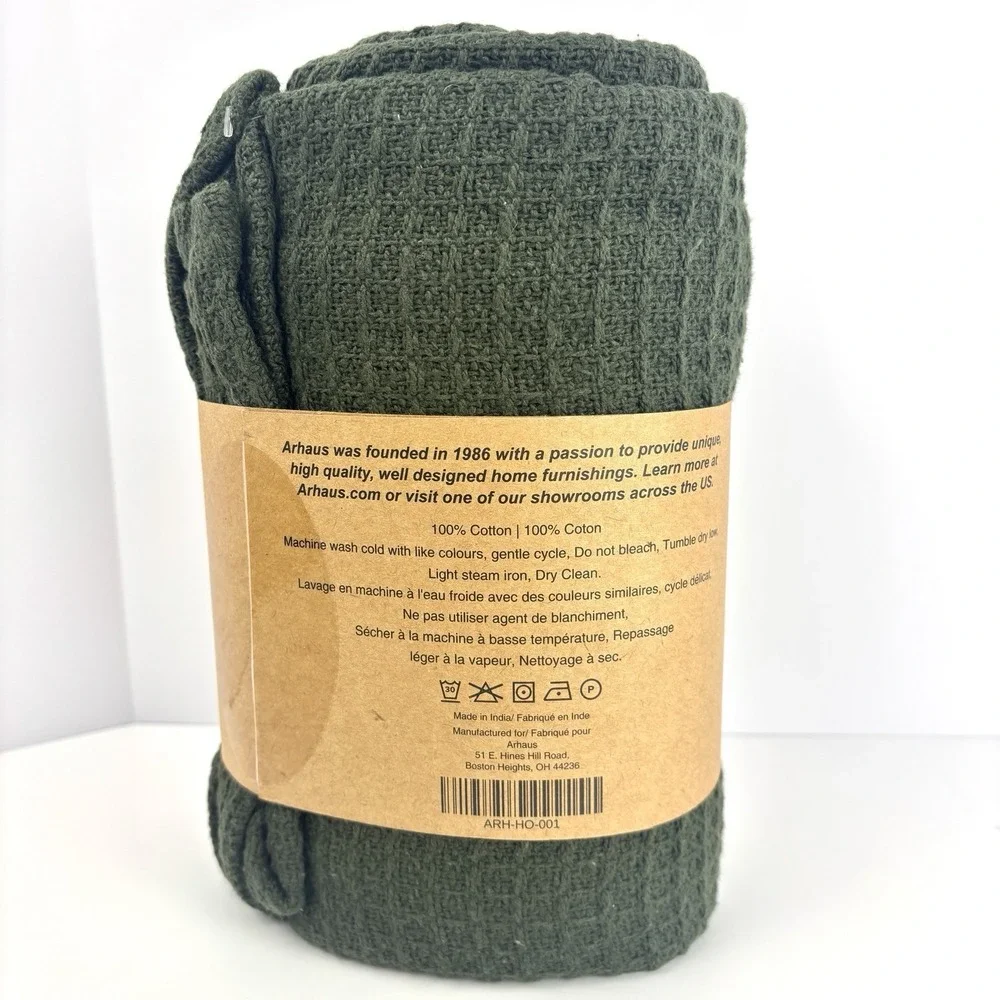 ARHAUS Waffle Knit Throw Blanket Dark Green 100% Cotton NEW 50 X 60